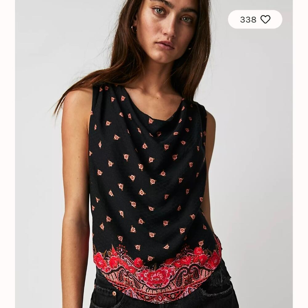 Free People Silas Printed Cowlneck Drapey Tie Back Boho Blouse Sleeveless Top